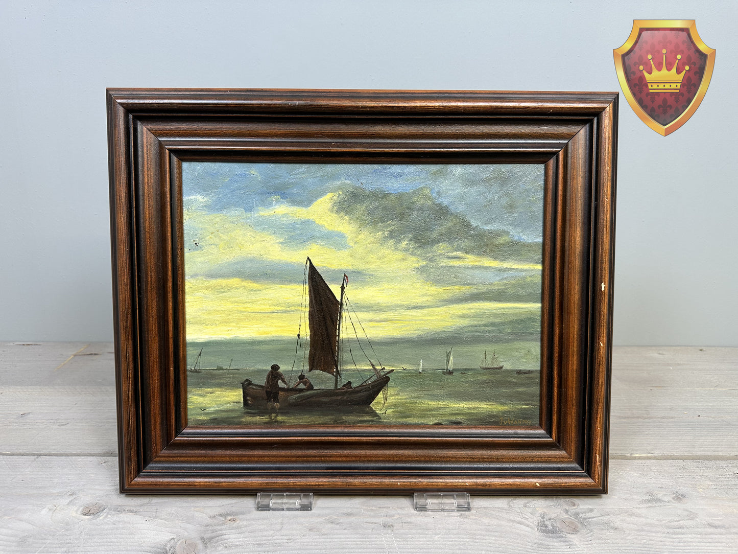 Olieverfschilderij zeegezicht met zeilboot – ingelijst