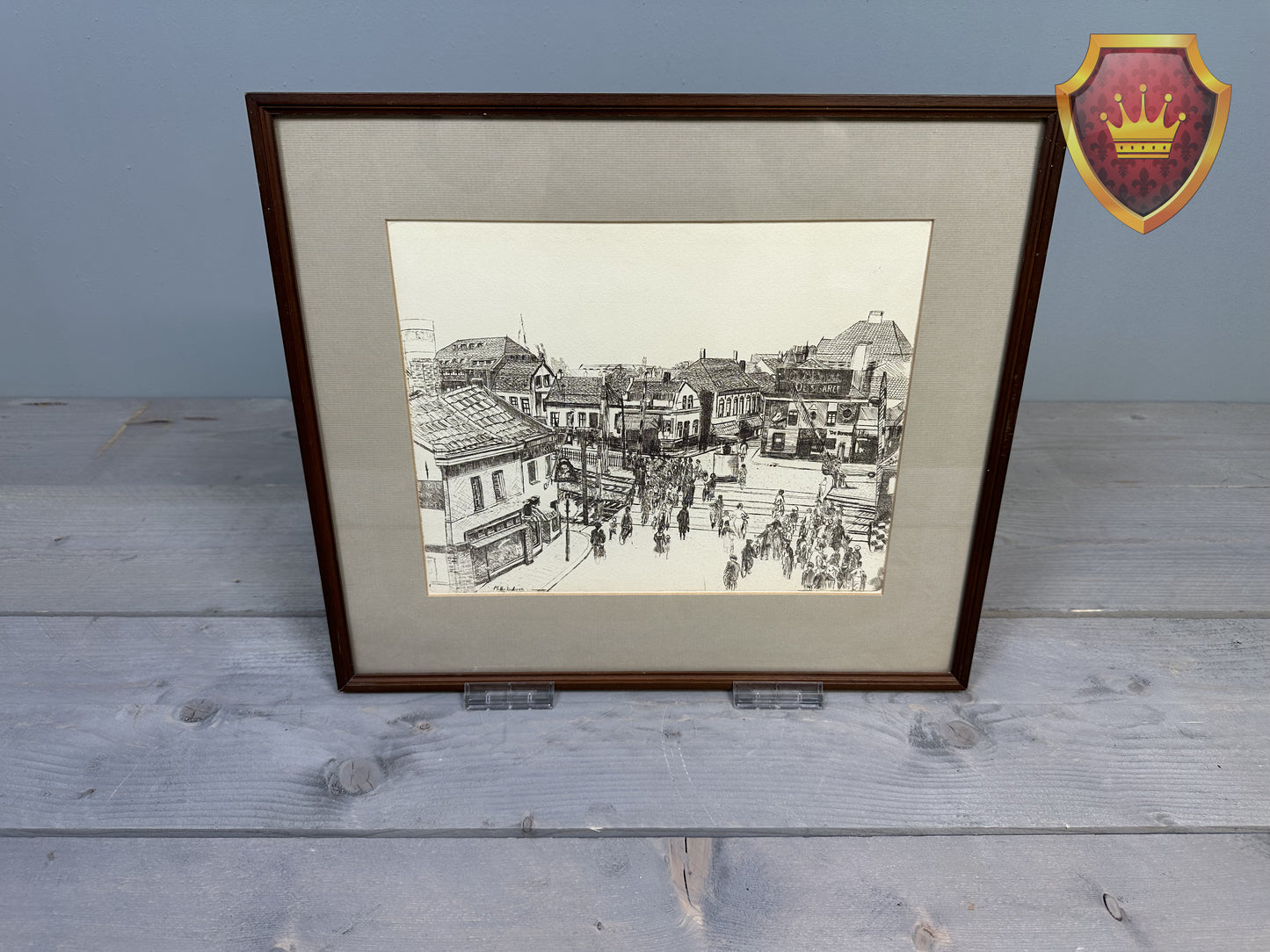 Ingelijste stadsgezicht tekening – zwart-wit stadsplein