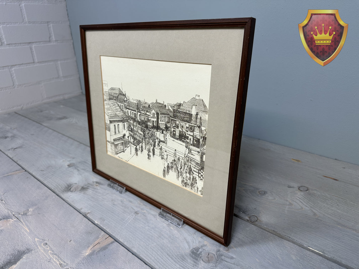Ingelijste stadsgezicht tekening – zwart-wit stadsplein