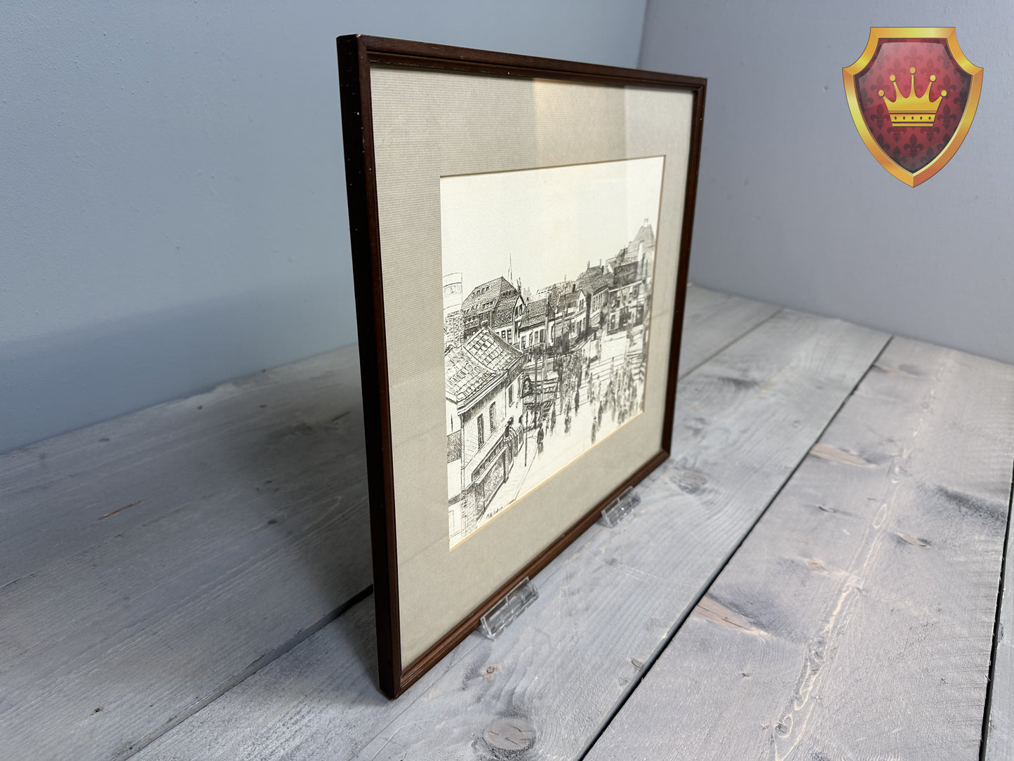 Ingelijste stadsgezicht tekening – zwart-wit stadsplein