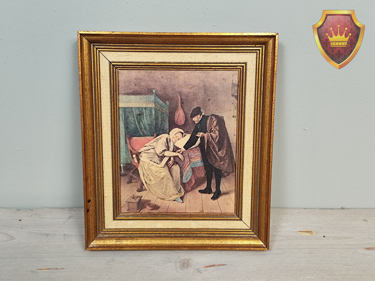 Vintage ingelijste kunstdruk genre tafereel – interieur scène