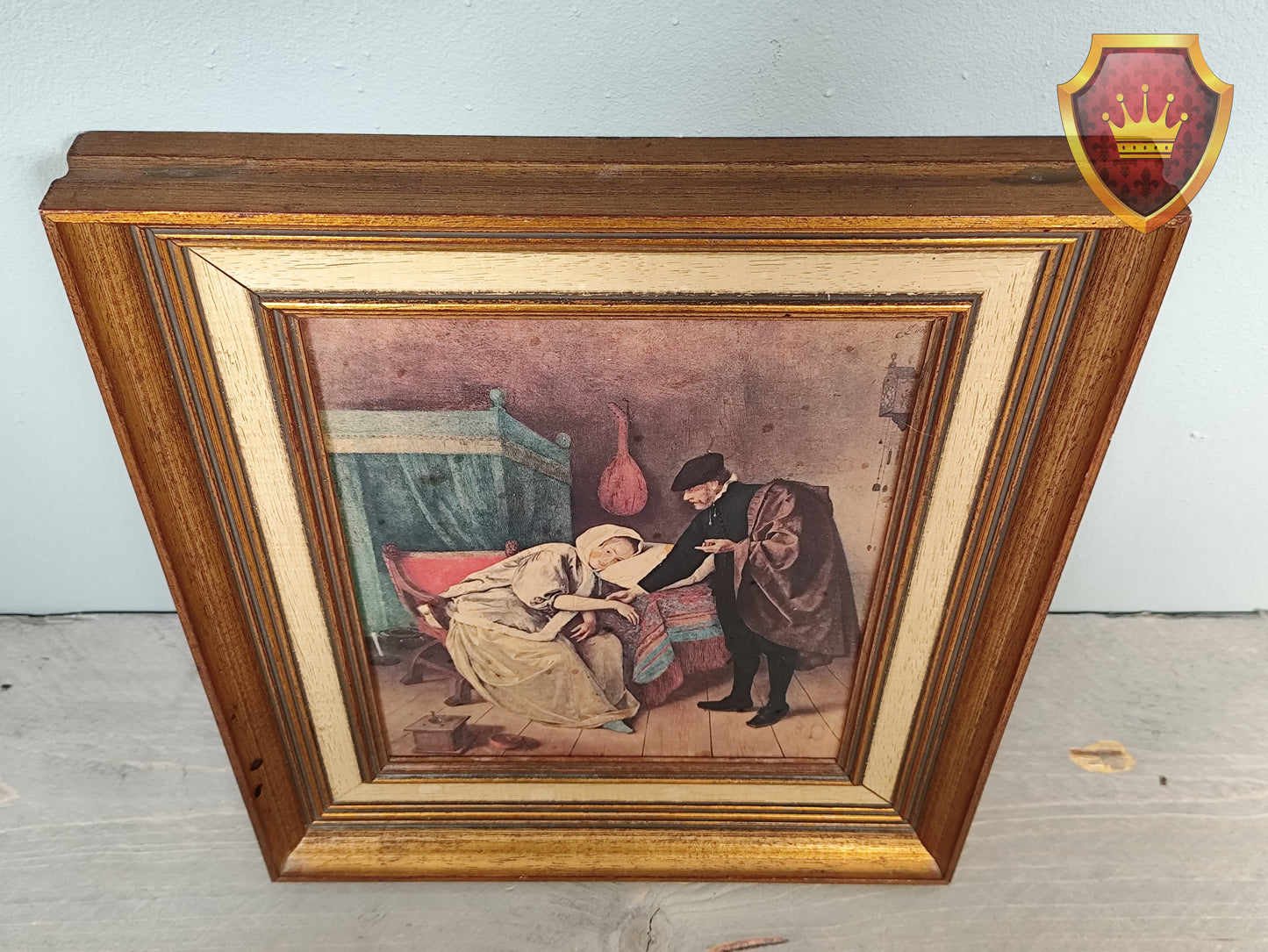 Vintage ingelijste kunstdruk genre tafereel – interieur scène