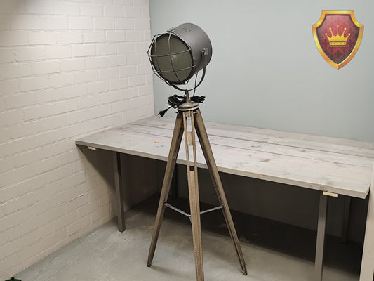 Industriële vloerlamp tripod hout met metalen kap
