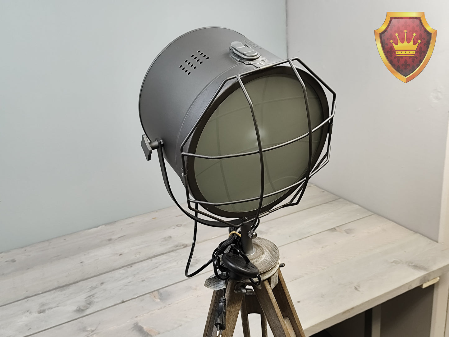Industriële vloerlamp tripod hout met metalen kap